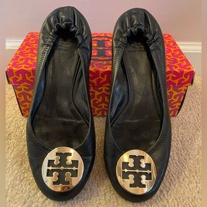 Tory Burch Reva Black Flats with Gold Emblem